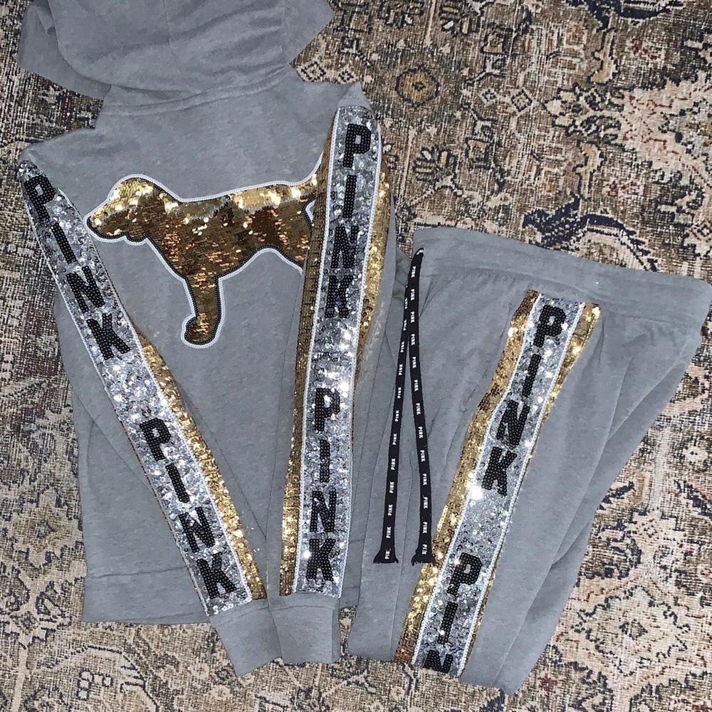 Victorias Secret Full Bling Silver Gold Sequins Grey hoodie/jogger sweatpants XS